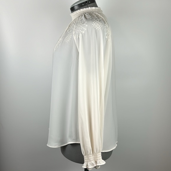 VINTAGE LOFT™️ Women's Size LP High Neck Embroidered Cream Long Sleeve Blouse - Picture 2 of 11